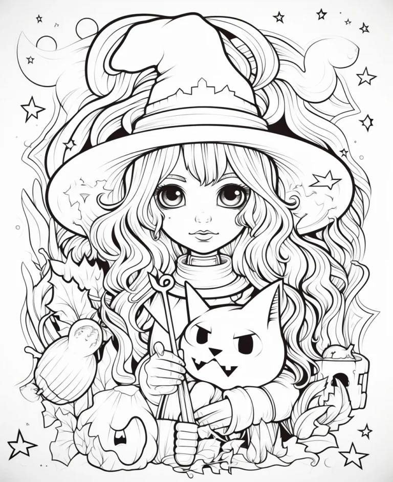 Free Download Colouring Page of Witch Cute Magicians