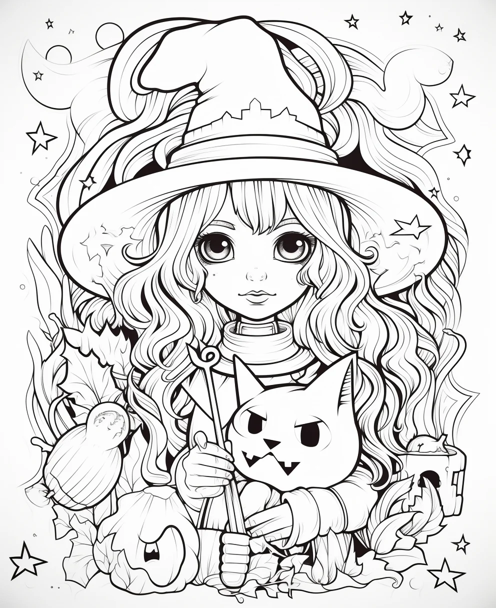 Free Download Colouring Page of Witch Cute Magicians
