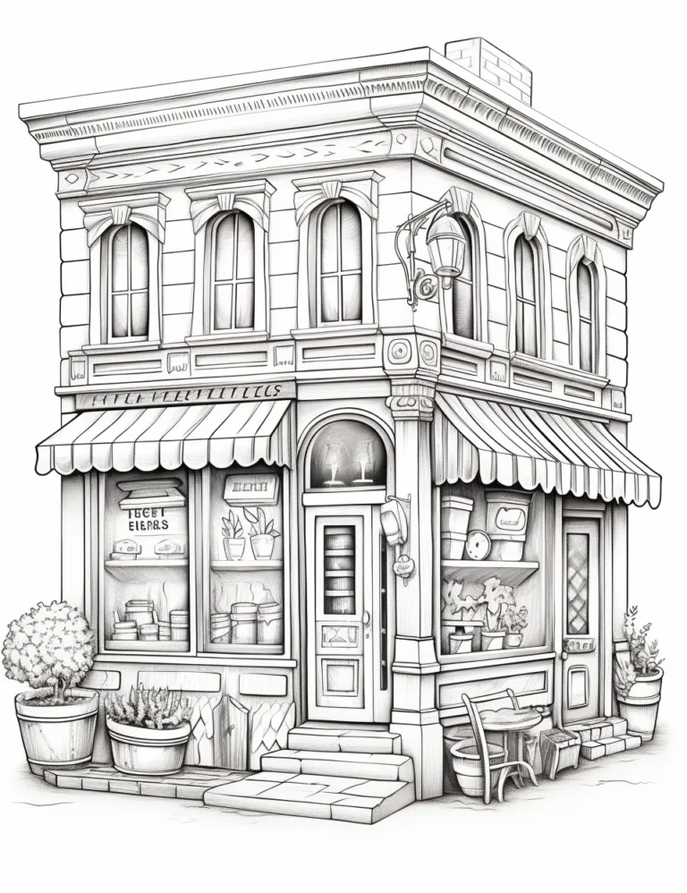 Free coloring page of cute storefront coloring sheets for adults