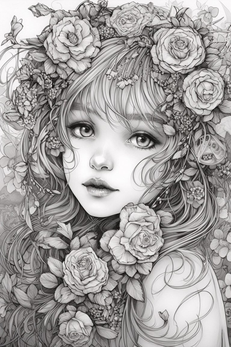 Free Download Colouring Page Colouring Book Beautiful Flower Blooms Asian Girl Portrait