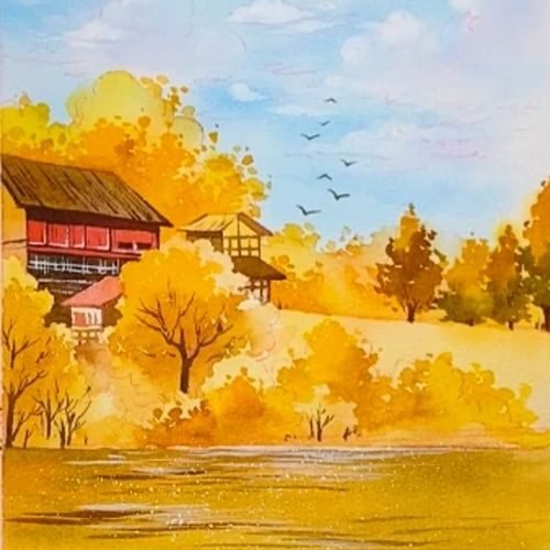 step by step painting autumn wooden buildings paint by watercolor