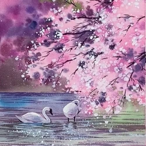 step by step painting cherry blossom lakeshore by watercolor