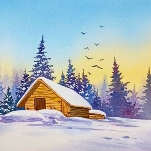 step by step painting the winter cabin paint by watercolor