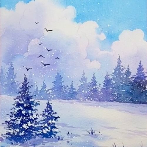 step by step winter scene by watercolor