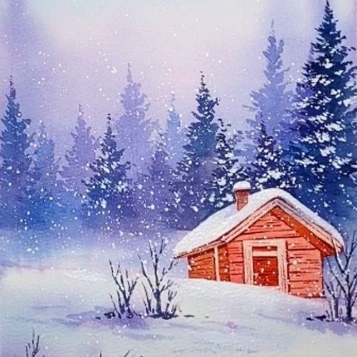 step by step snowy mountain cabin by watercolor