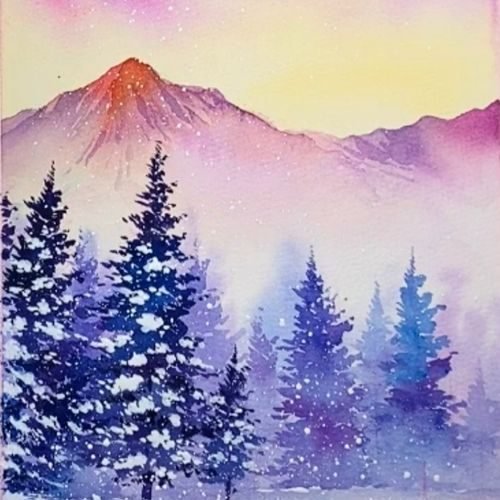 step by step foggy mountain paint by watercolor