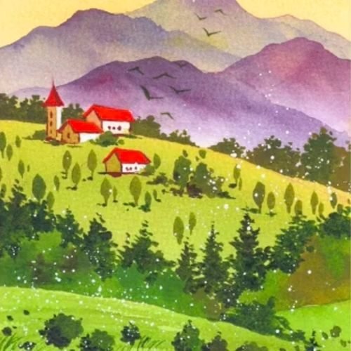 step by step painting a valley village watercolor painting tutorial