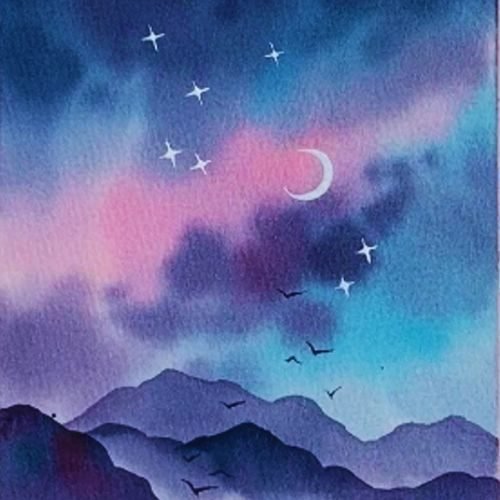 Pink Aurora Mountain Watercolor painting