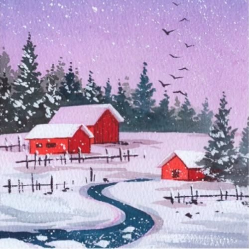 A step by step Guide to paint a watercolor forest cottage and snow scene